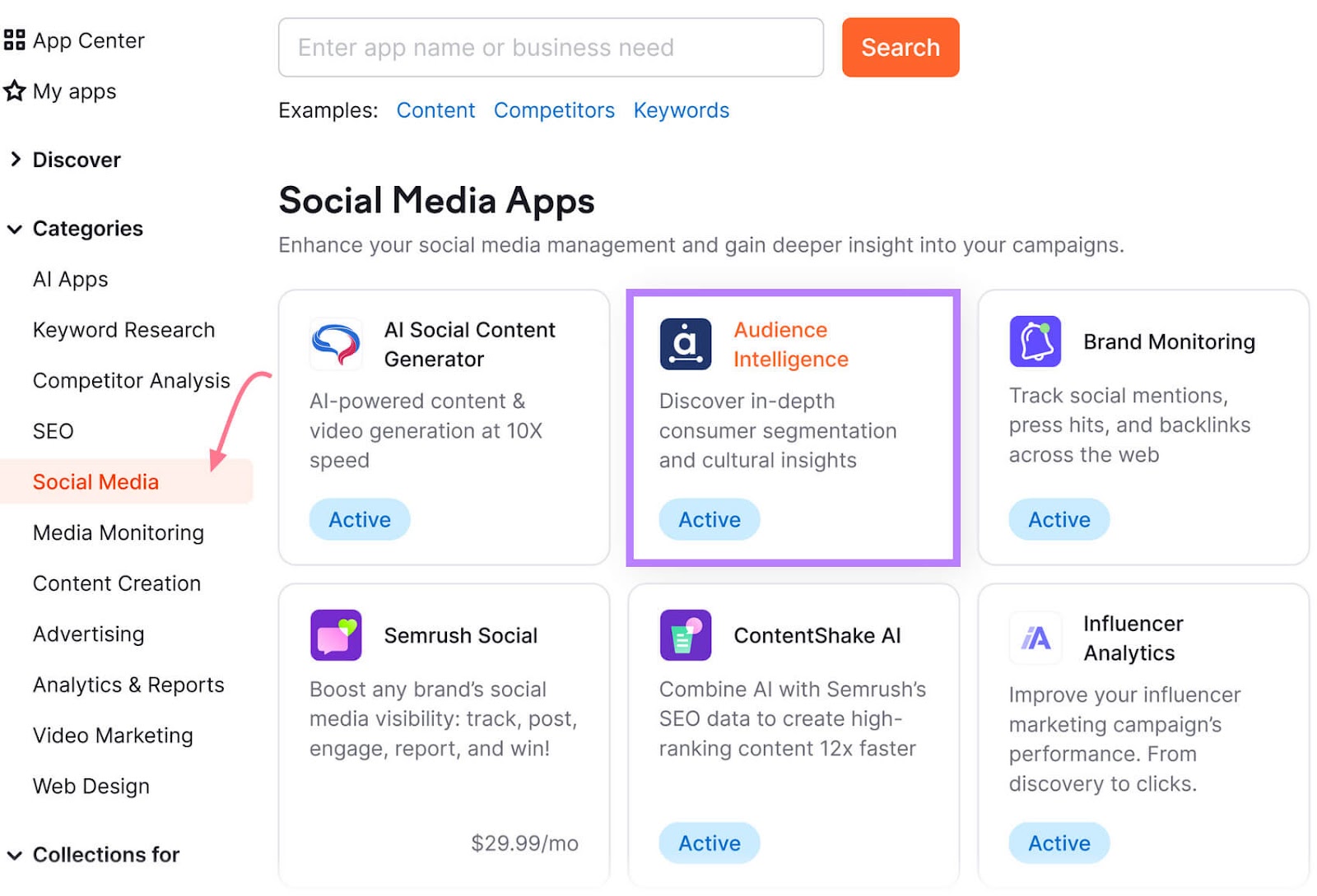 Social Media Apps section in the App Center with "Audience Intelligence" highlighted in a purple box.