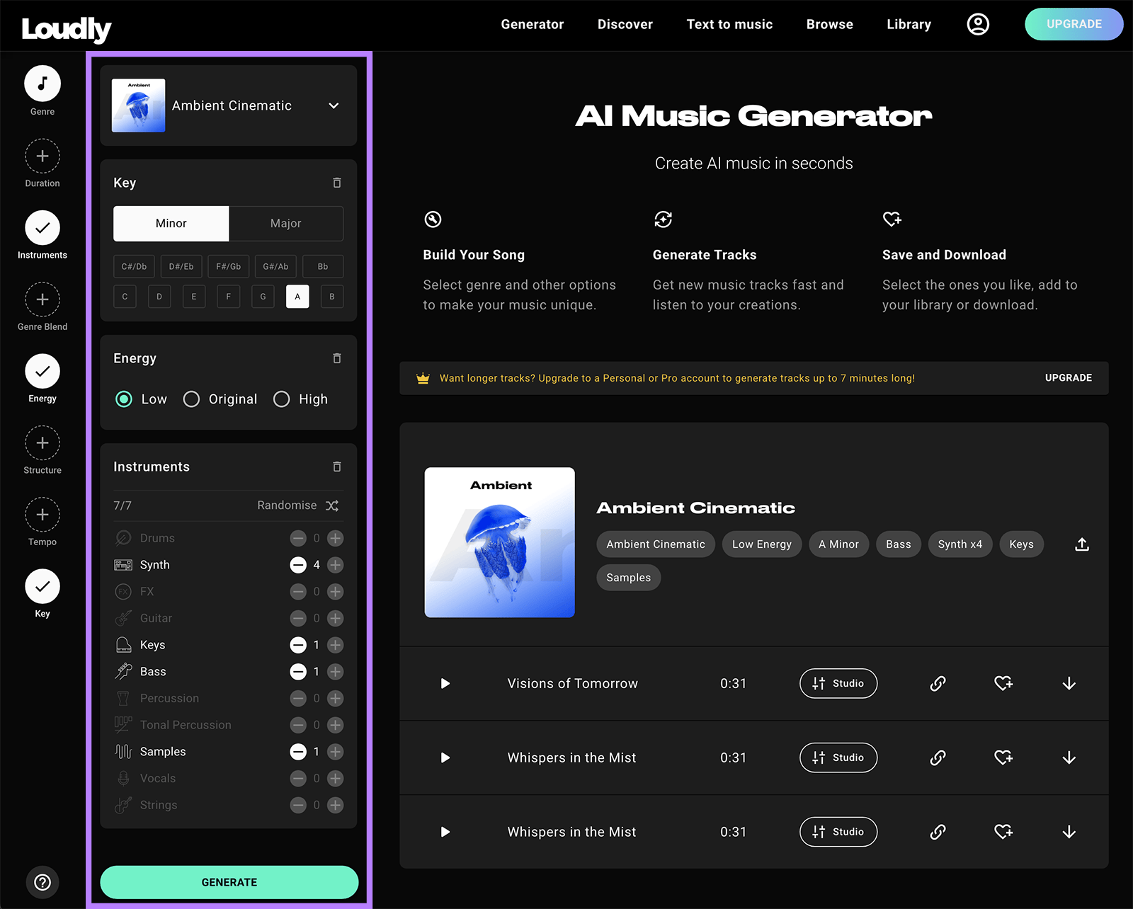 Loudly dashboard with AI music generation options highlighted.