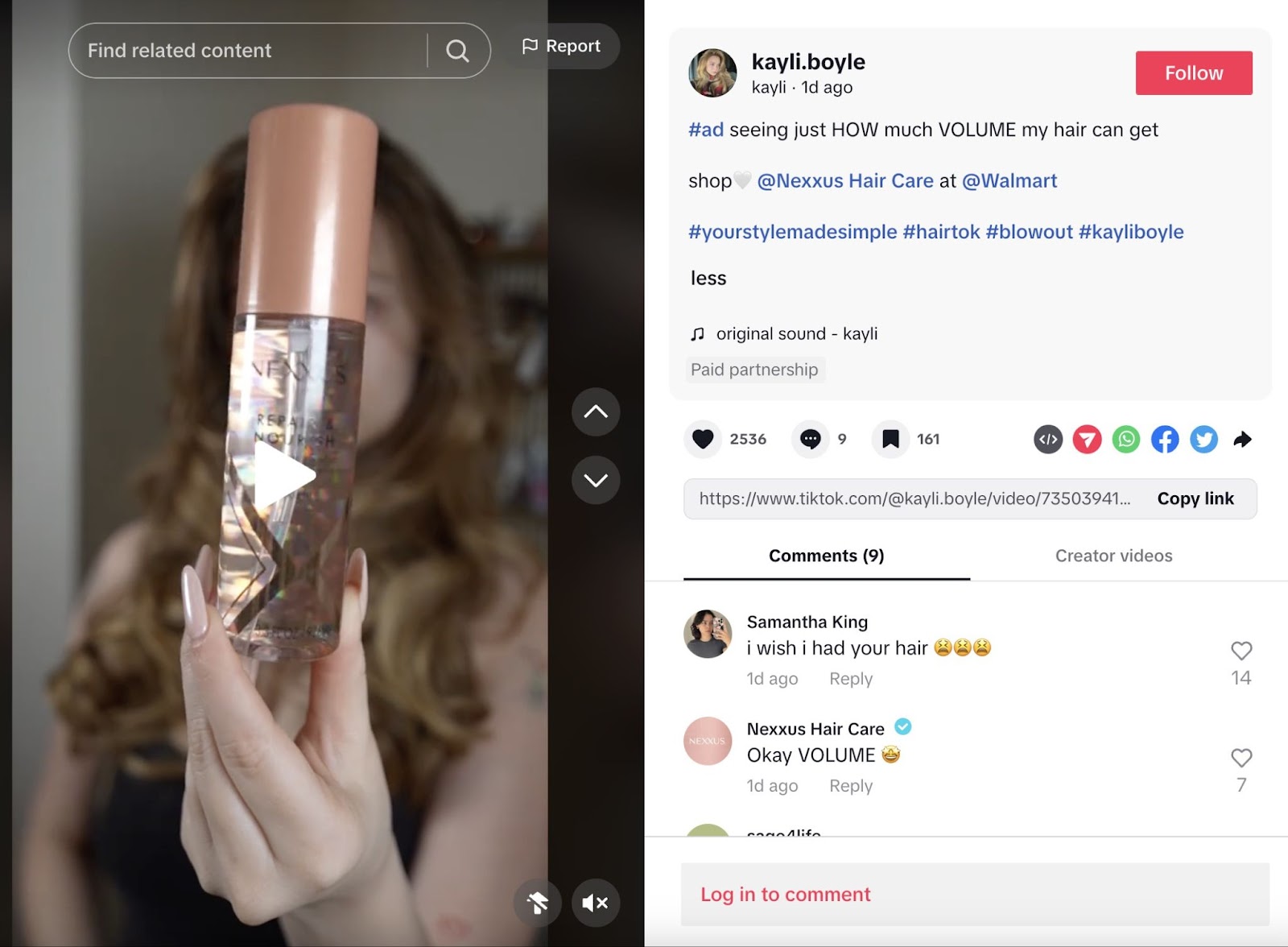 an influencer shows a hair product to the camera and the caption tags the brands who helped sponsor the video