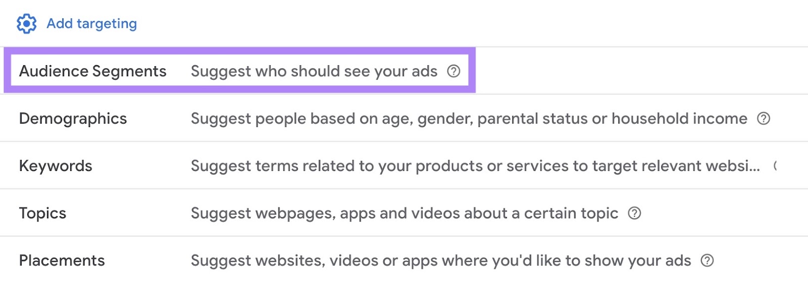 A list of targeting options with 'Audience Segments' selected.