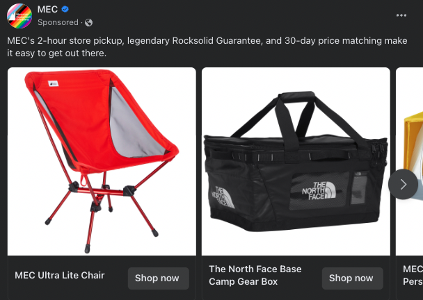 an example of a Facebook carousel ad by Canadian outdoor company MEC