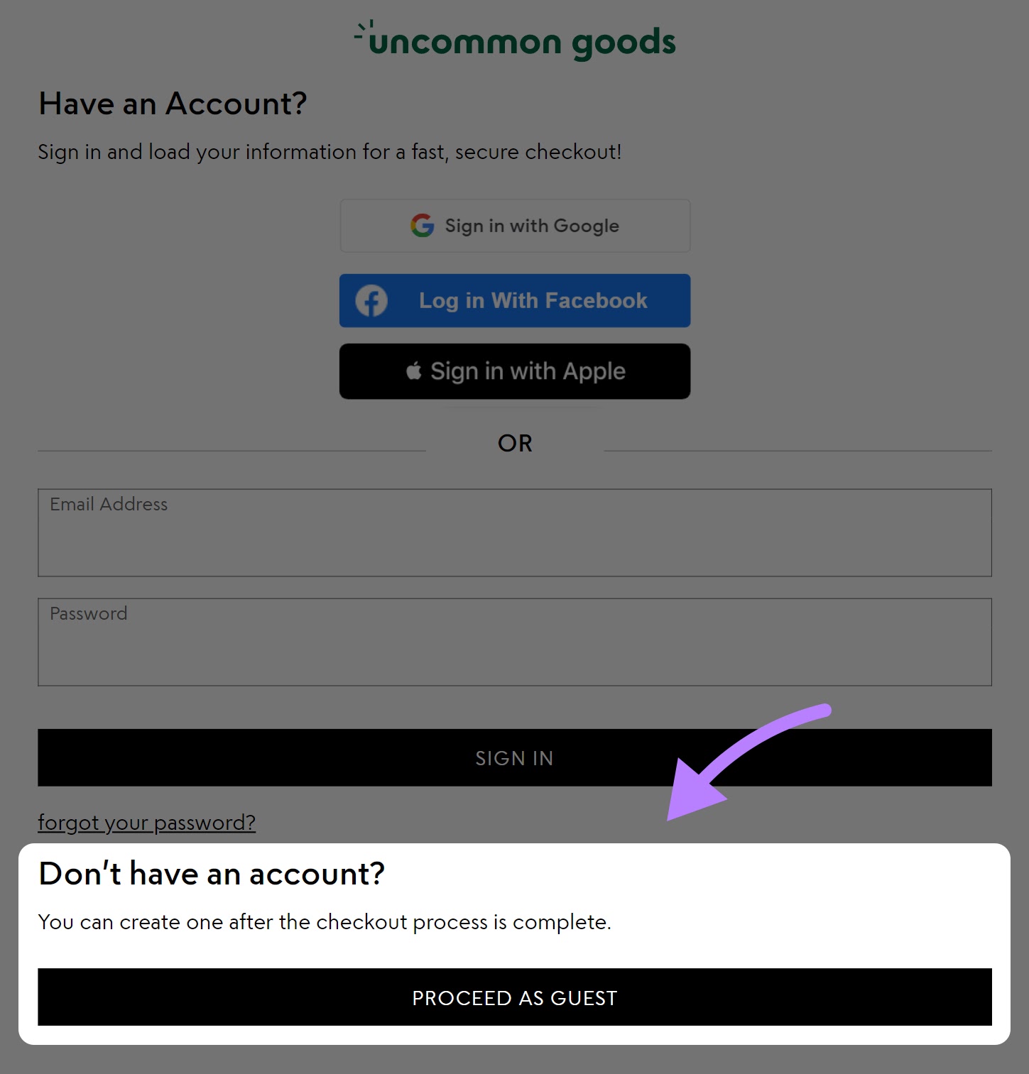 "Proceed as guest" option shown under Uncommon Goods' checkout