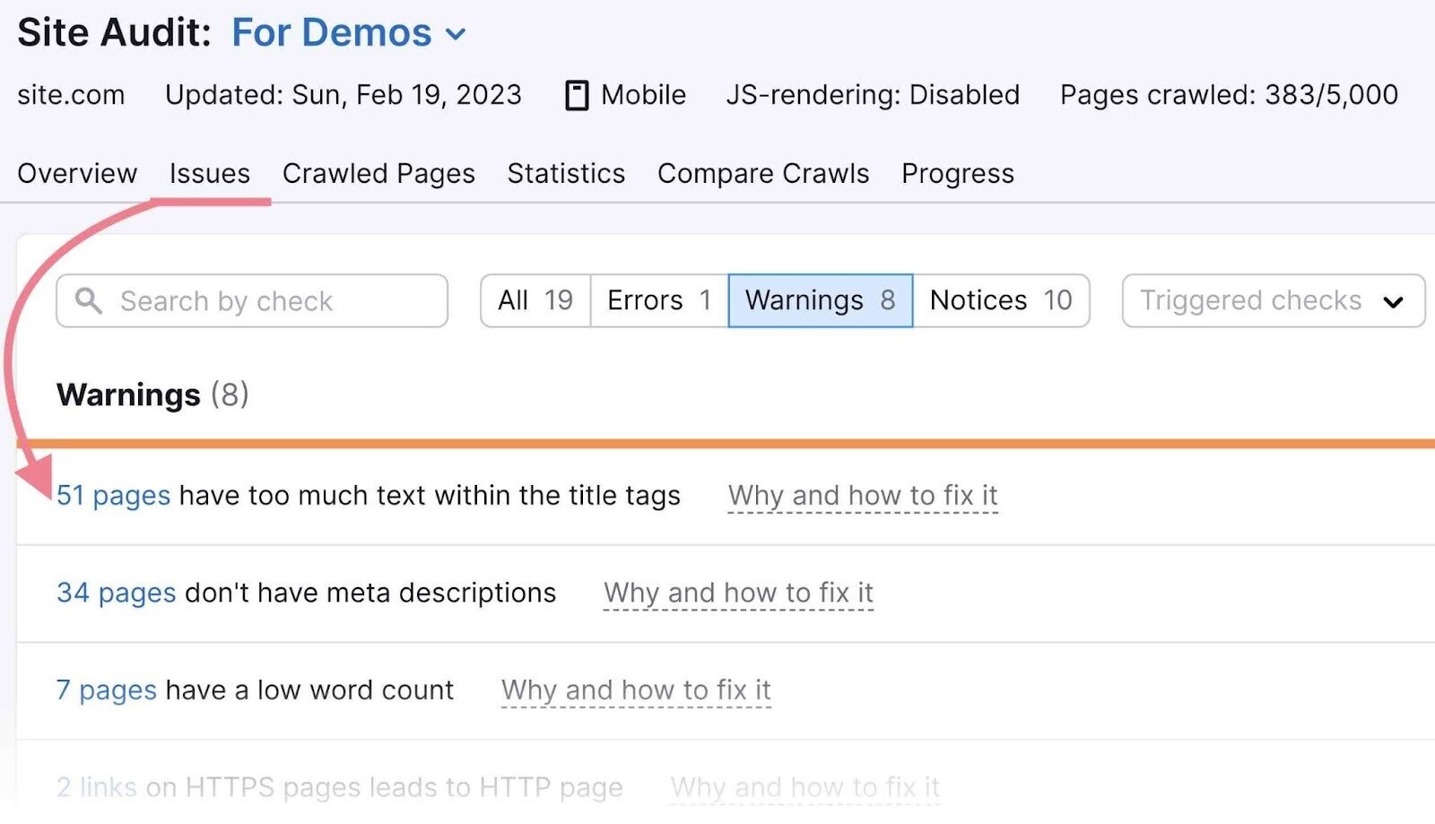 "Issues" tab on Site Audit showing a list of warnings like too much text within the title tags, don't have meta descriptions, have a low word count, etc.