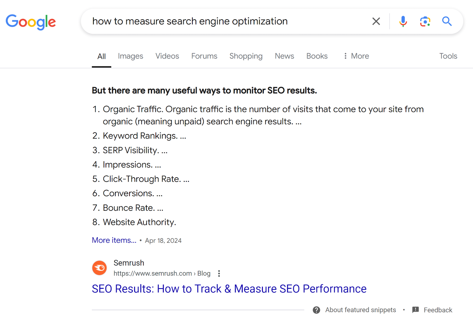 Google SERP for 'how to measure search engine optimization' showing list snippet by Semrush