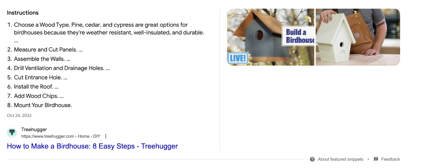 search for how to build a birdhouse shows list of steps in featured snippet