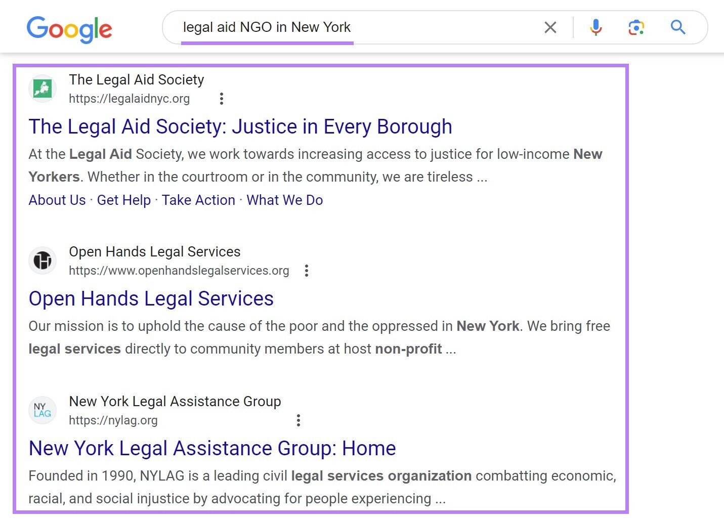 Google SERP for “legal aid NGO in New York”