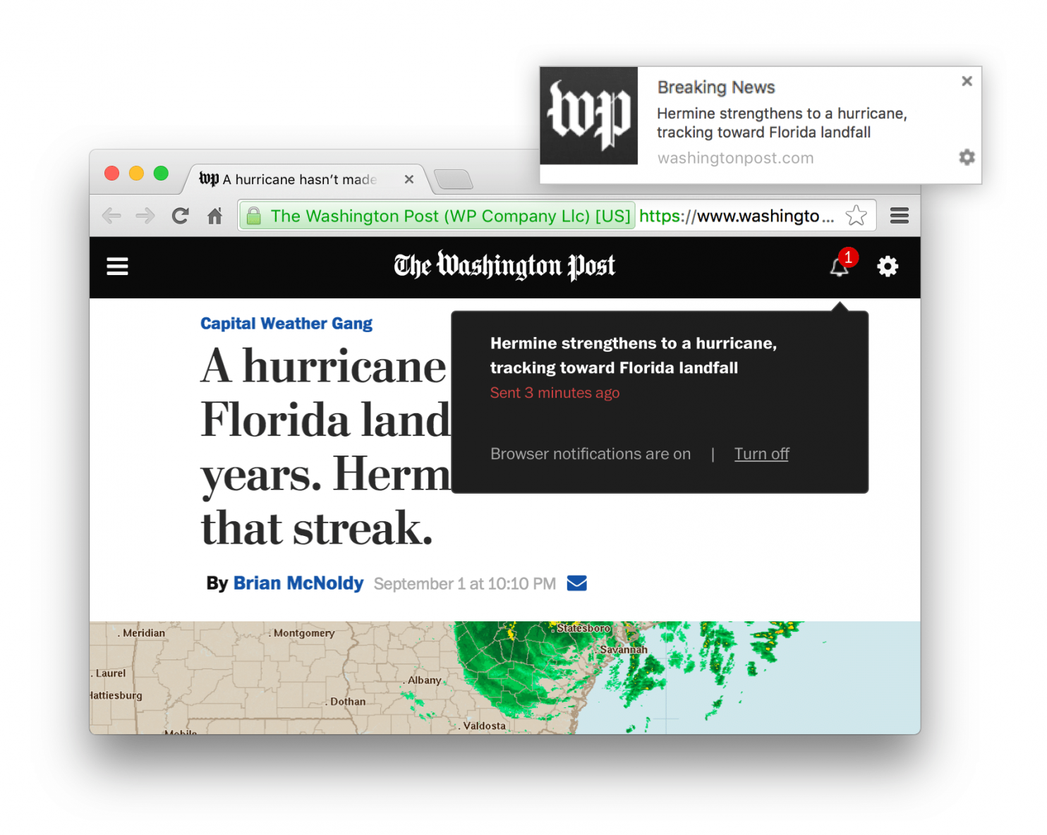 An example of Washington Post’s web push Notifications