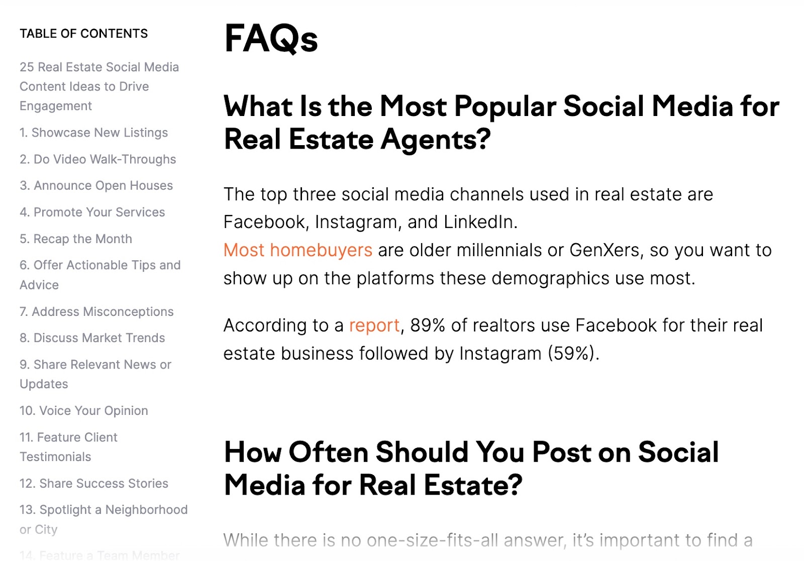 FAQs section of Semrush' article on social media for real estate