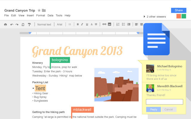 Two team members collaborate on a Grand Canyon Trip Google Doc, leaving suggestions and comments about content improvements