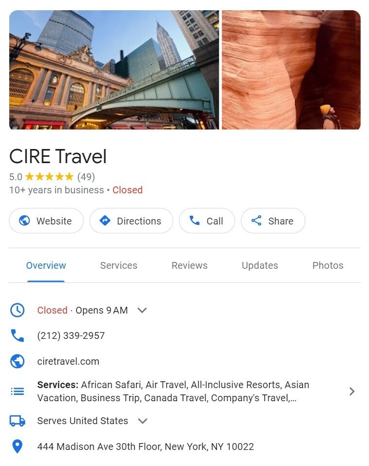a snippet of CIRE Travel’s Google Business Profile