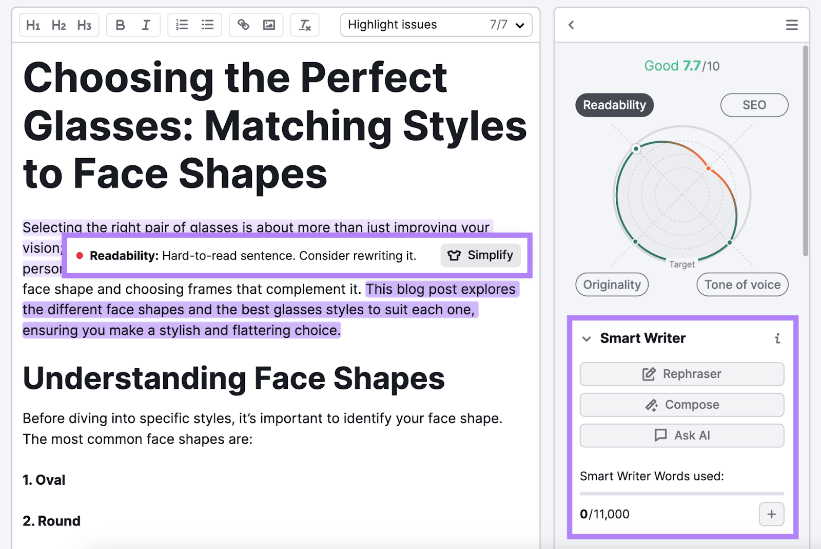 Smart Writer AI tool options highlighted