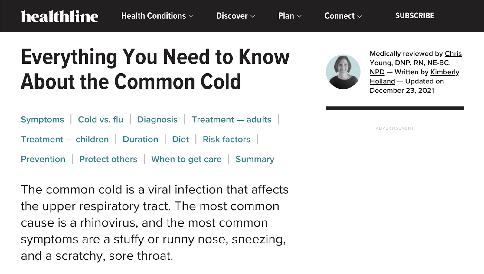Healhline's ymyl article about the common cold shows table of contents and that it was medically reviewed by an expert