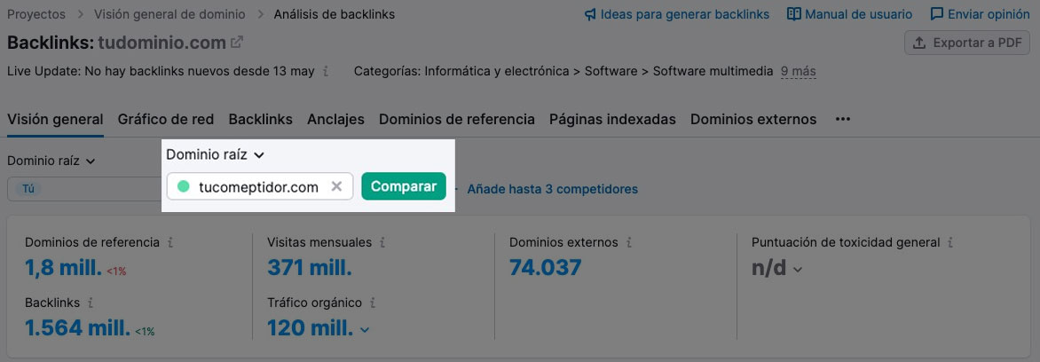 Comparar dominios en Análisis de backlinks de Semrush