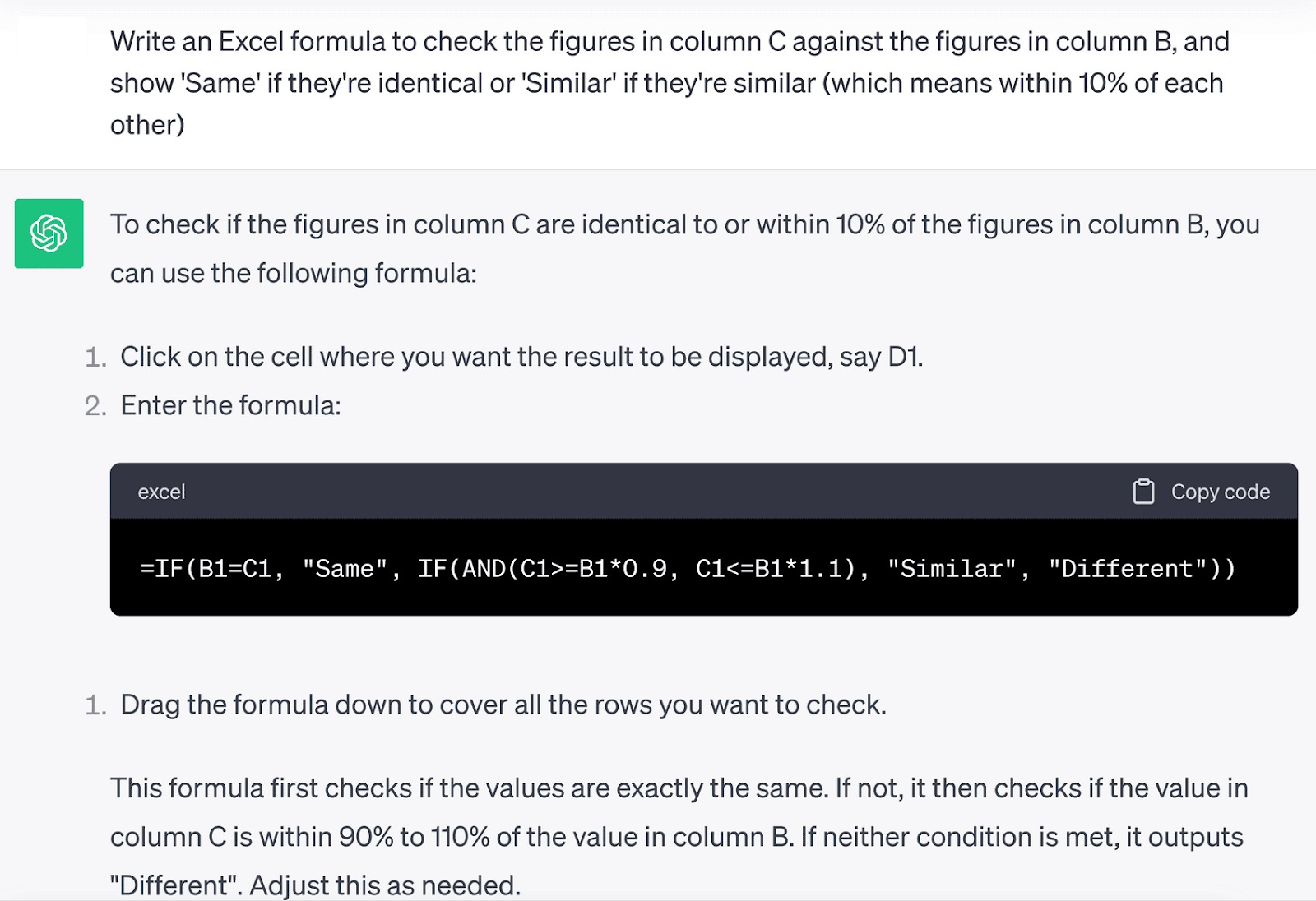ChatGPT-generated Excel formula