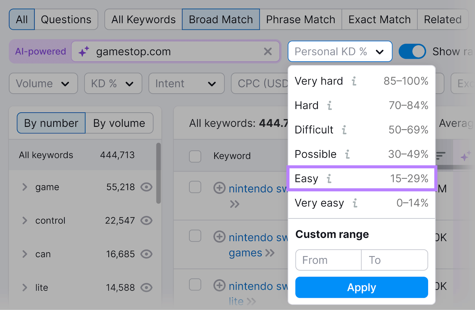 Personal KD filter expanded and Easy option highlighted.