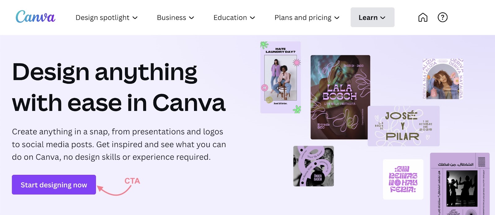 "Start designing now" CTA on Canva's website