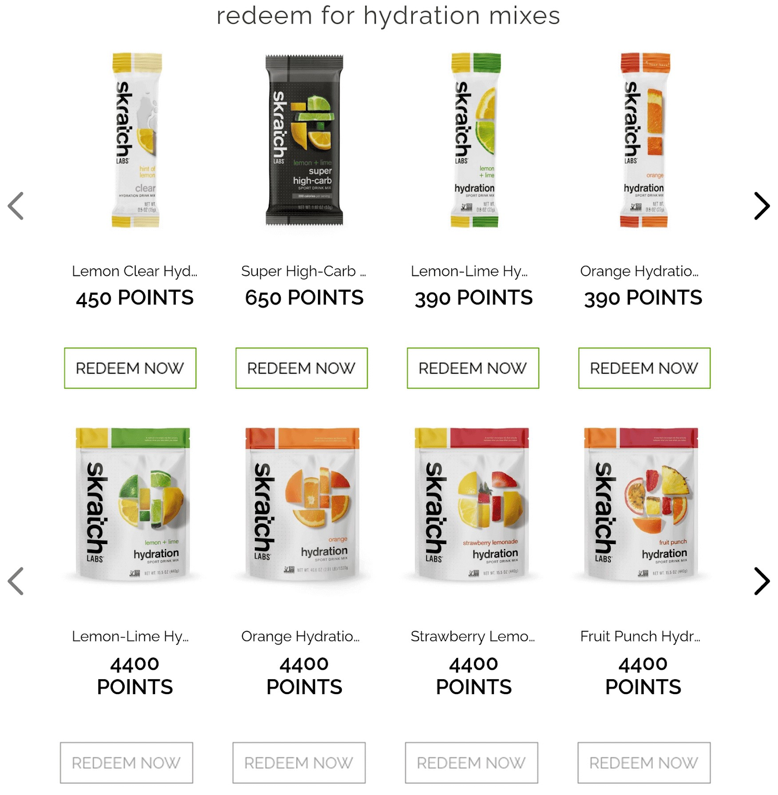 Skratch Labs's redeem page features products with "Redeem Now" buttons