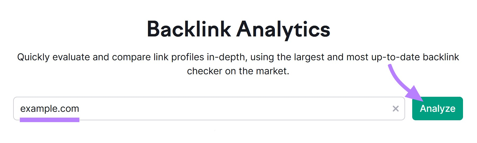 Backlink Analytics tool with "example.com" in a search bar and "analyze" button highlighted