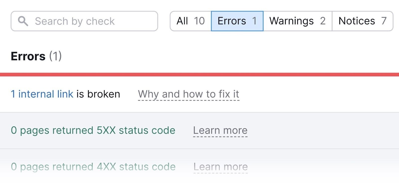 "Errors" on Site Audit showing the most serious website issues like broken internal links, 5xx status code errors, 4xx status code errors, etc.