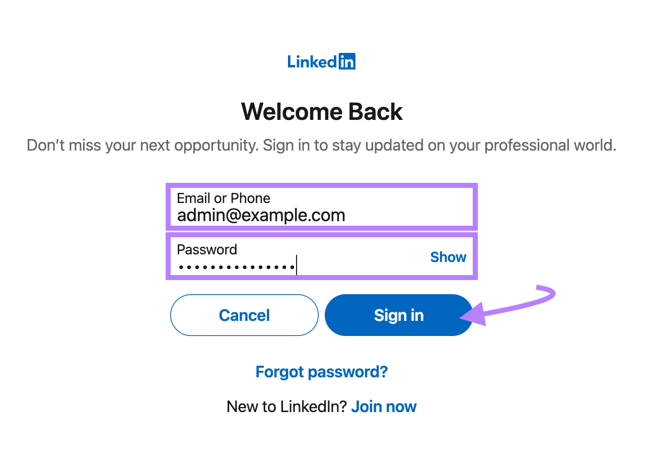 LinkedIn sign in with email and password text fields highlighted