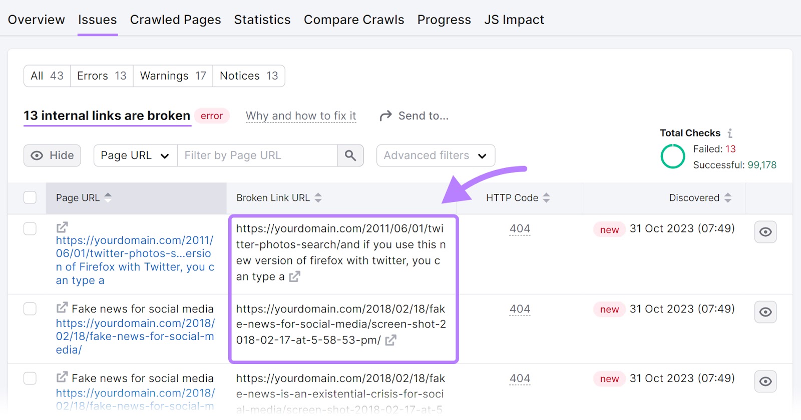 “Issues” tab in Site Audit tool shows what broken links each page has