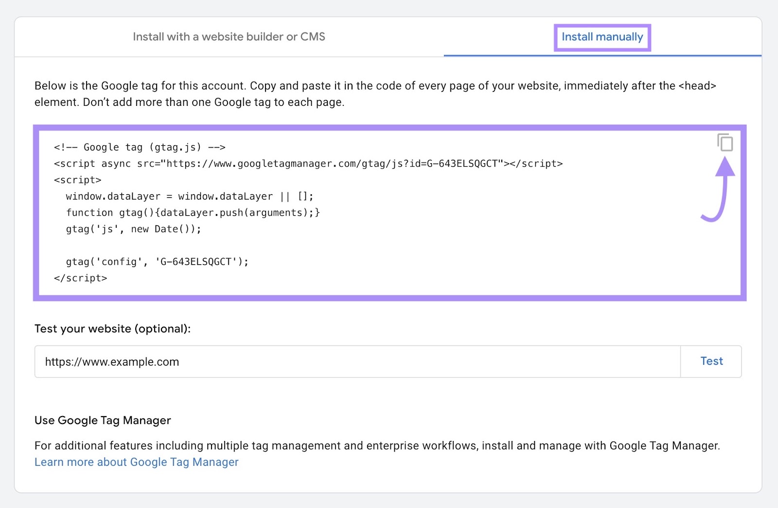 Fragmento de código JavaScript en la pestaña "Instalar manualmente