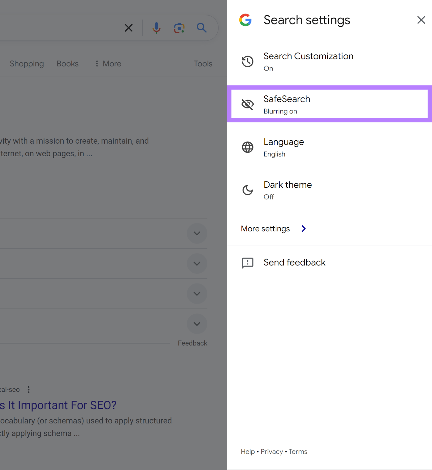 Search settings sidebar of Google SERP with SafeSearch setting highlighted