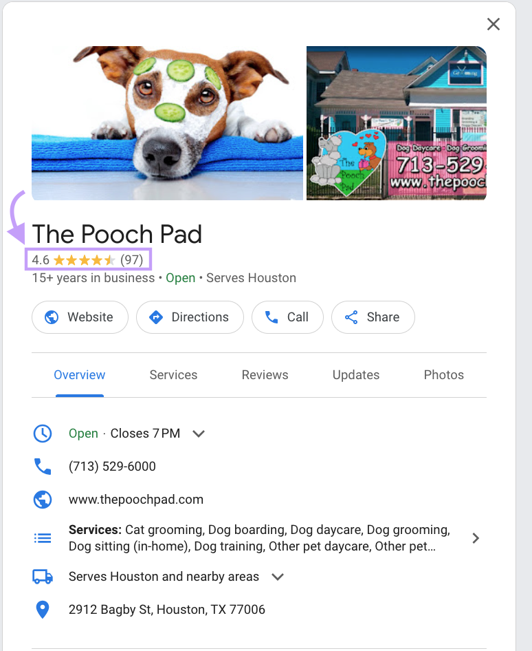 The Pooch Pad's Google business profile, showing 4.6 rating based on 97 customer reviews