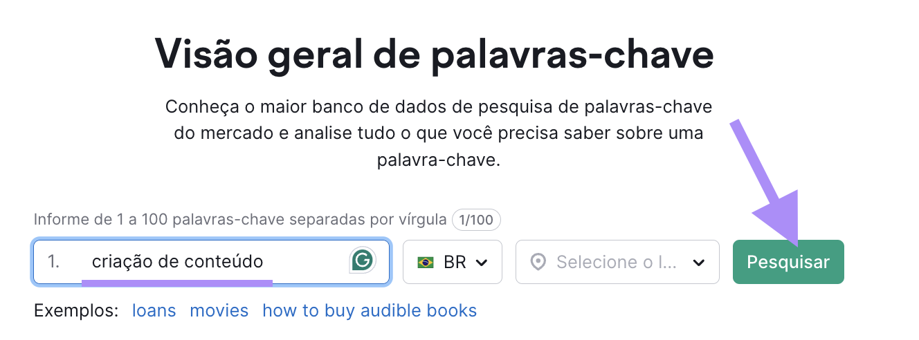 Barra de pesquisa da Visão geral de palavras-chave com a palavra-chave "criação de conteúdo" e o botão "pesquisar" em destaque