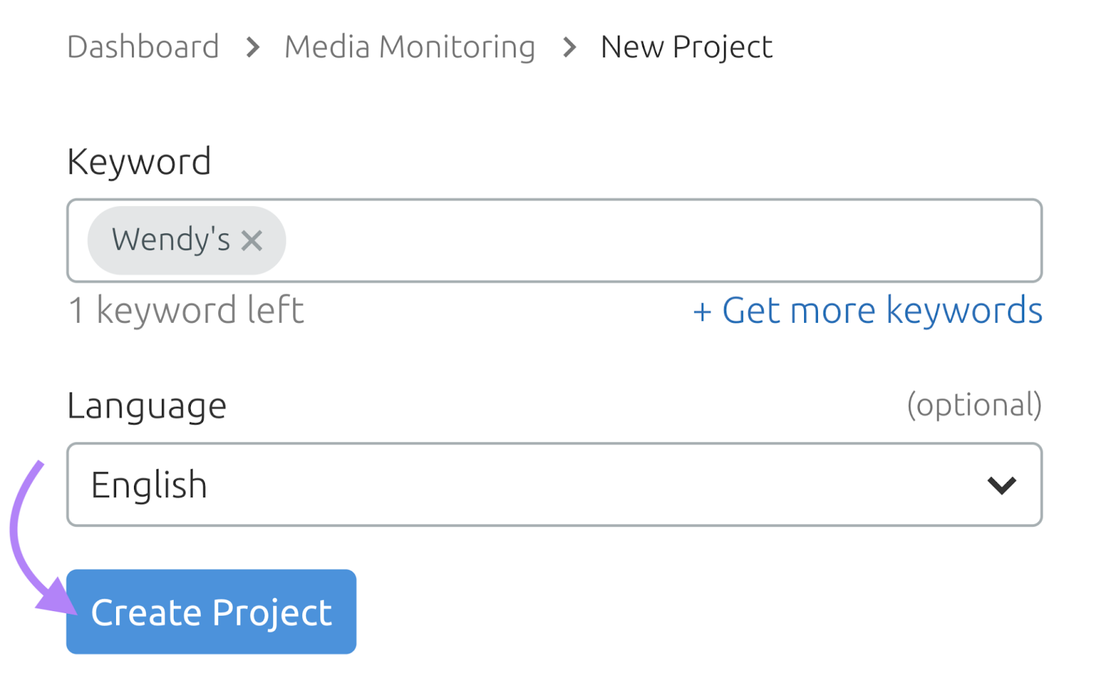 'Media Monitoring' tool-start with 'Wendy's' entered arsenic  the keyword and the 'Create Project' fastener  clicked.