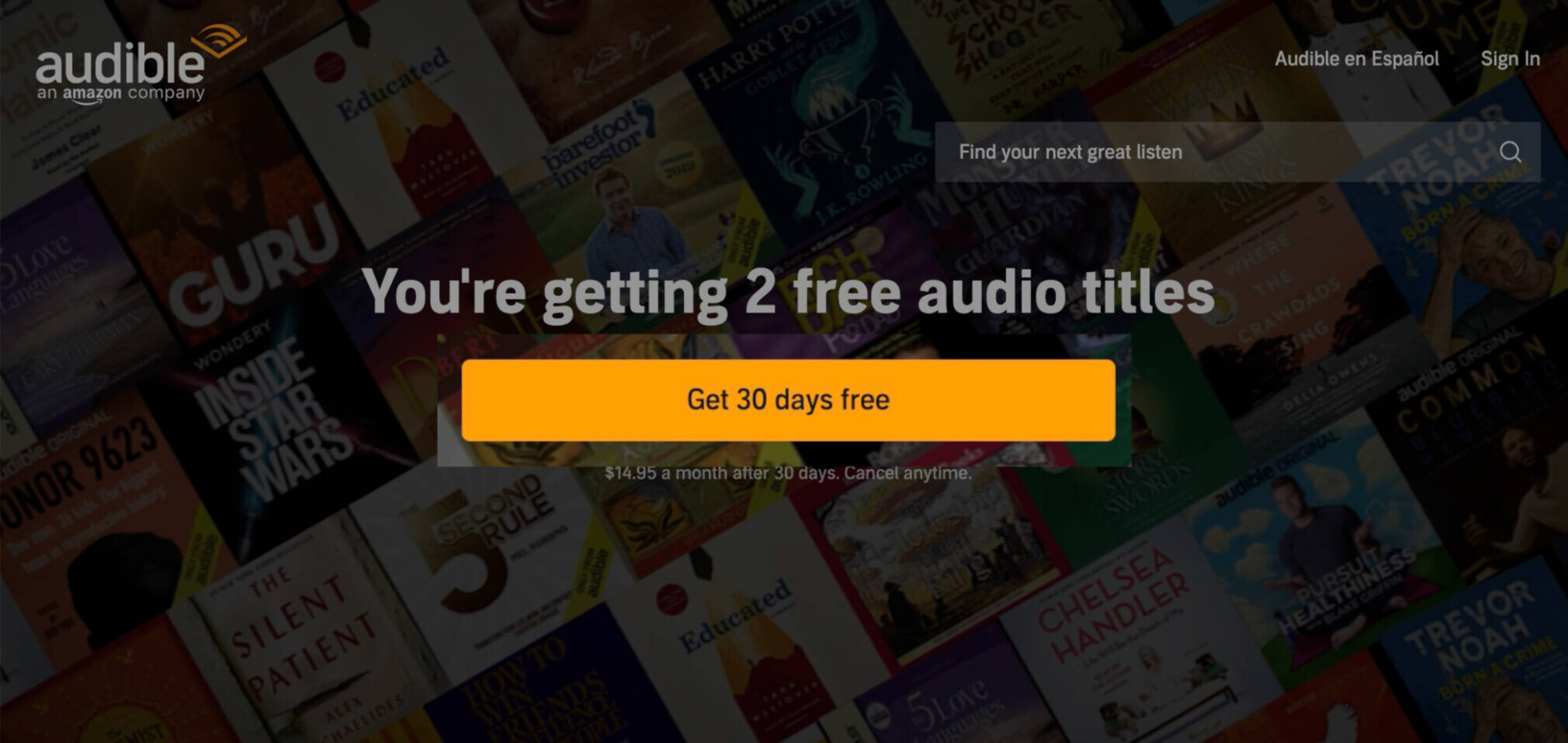 Audible's landing page with the "Get 30 days free" button highlighted