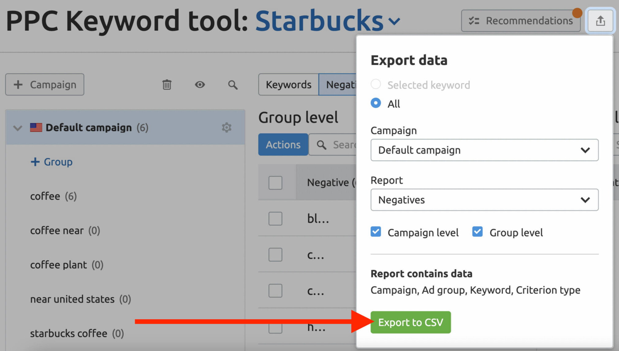 export data in PPC Keyword Tool