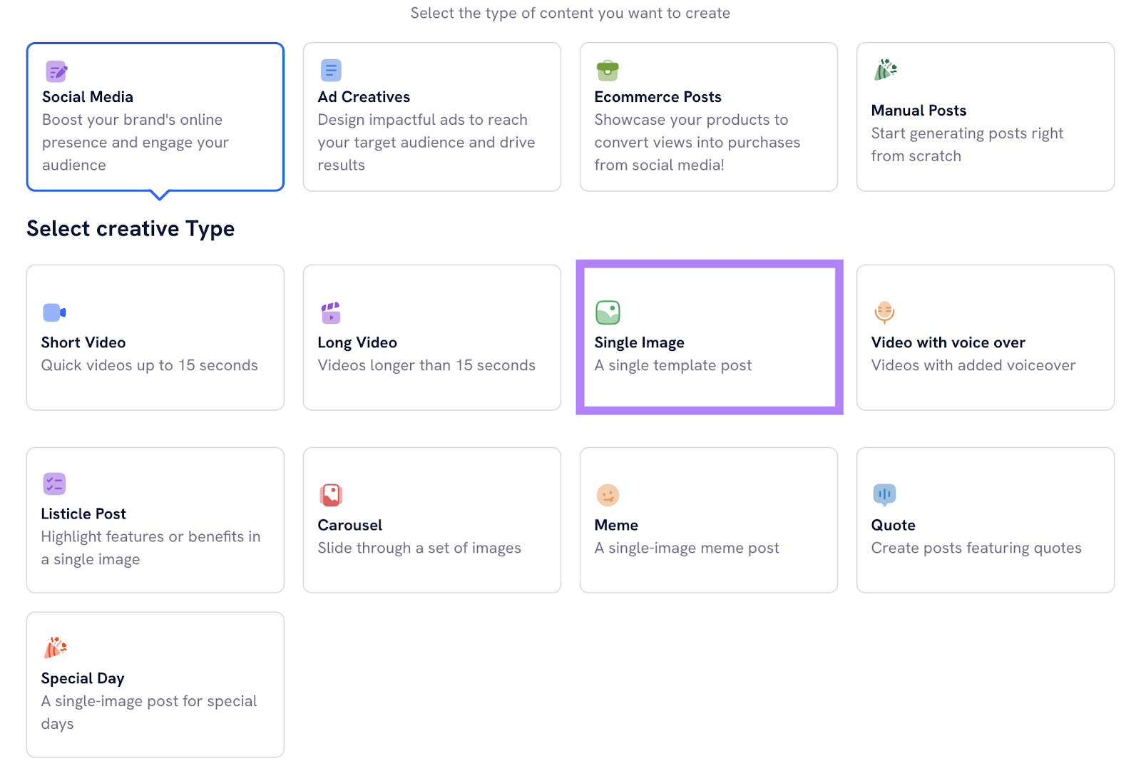 Content creation options spot societal media, advertisement creatives, ecommerce posts, and manual posts.