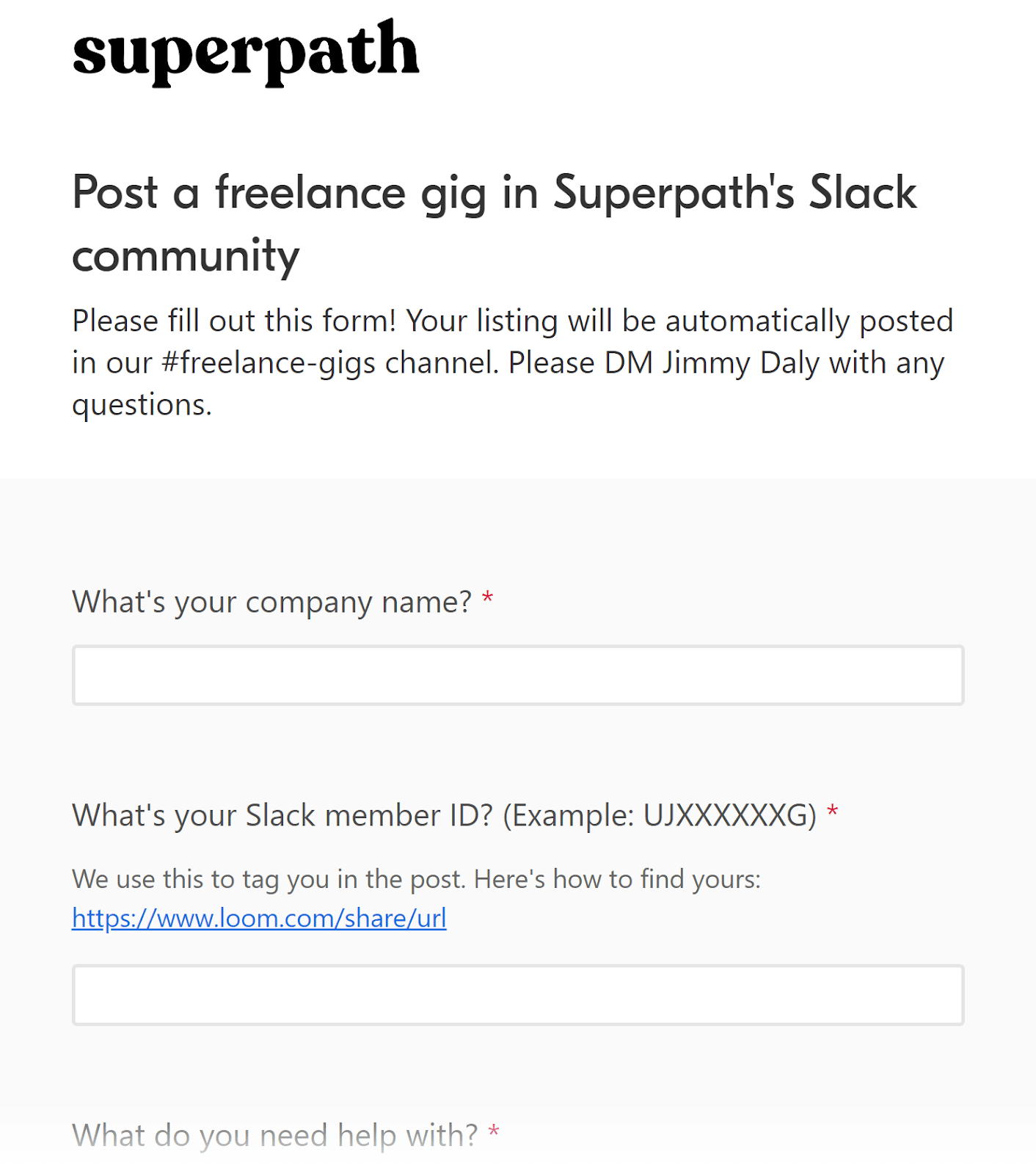 A section of Superpath's form for posting a freelance gig in Superpath's Slack community