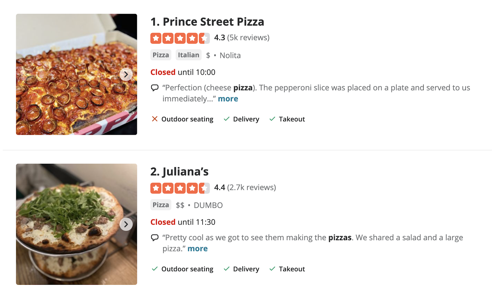Prince Street Pizza and Juliana’s results on Yelp