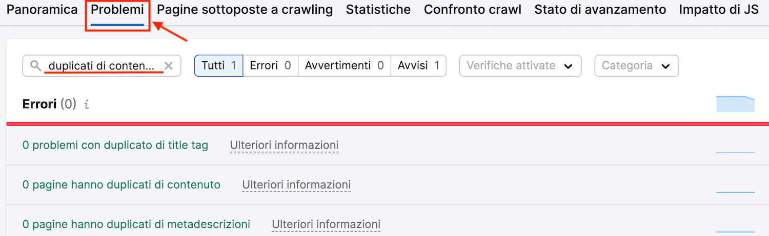 Contenuti duplicati rilevati da Site Audit