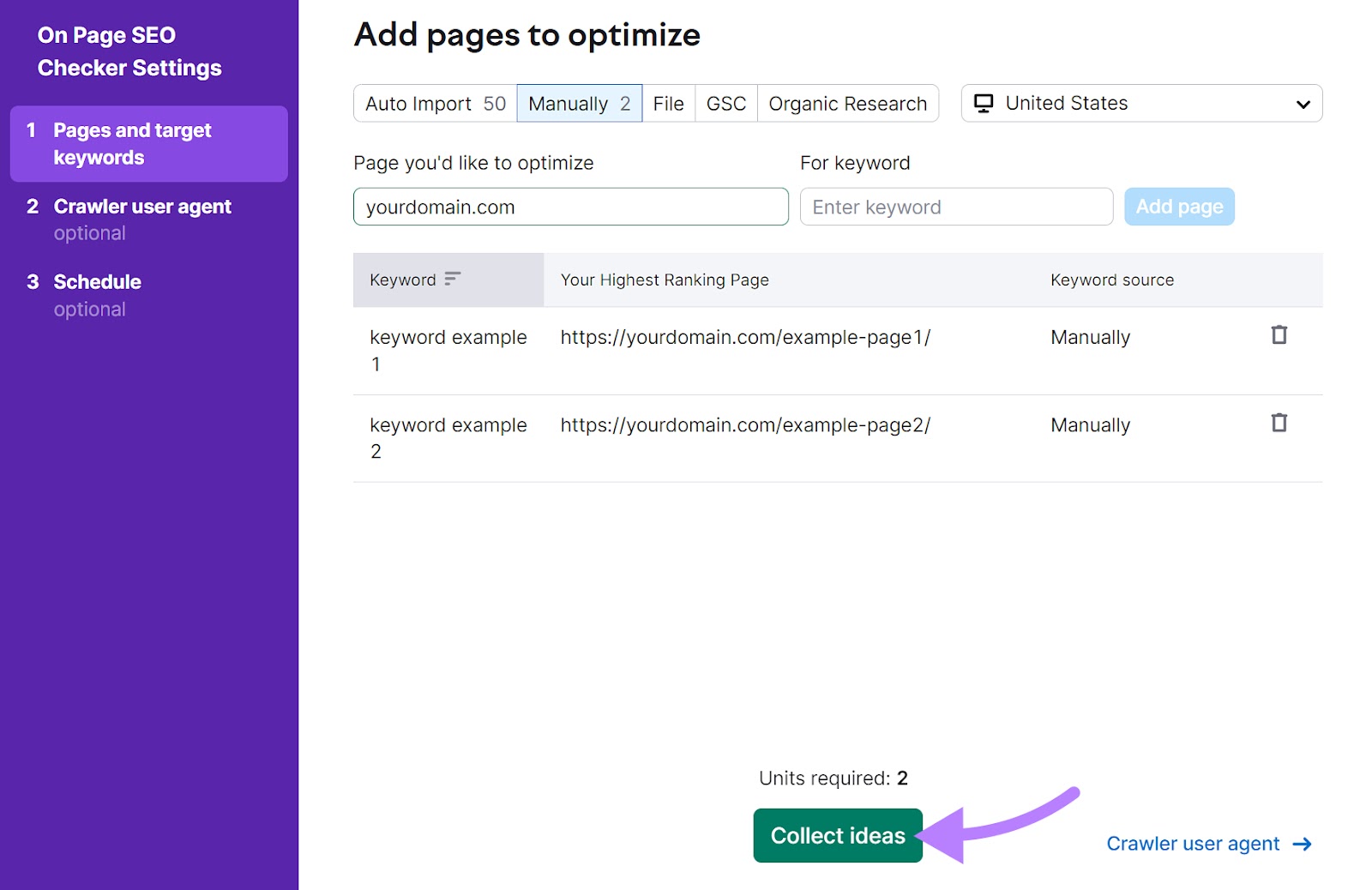 "Add pages to optimize" window in On Page SEO Checker