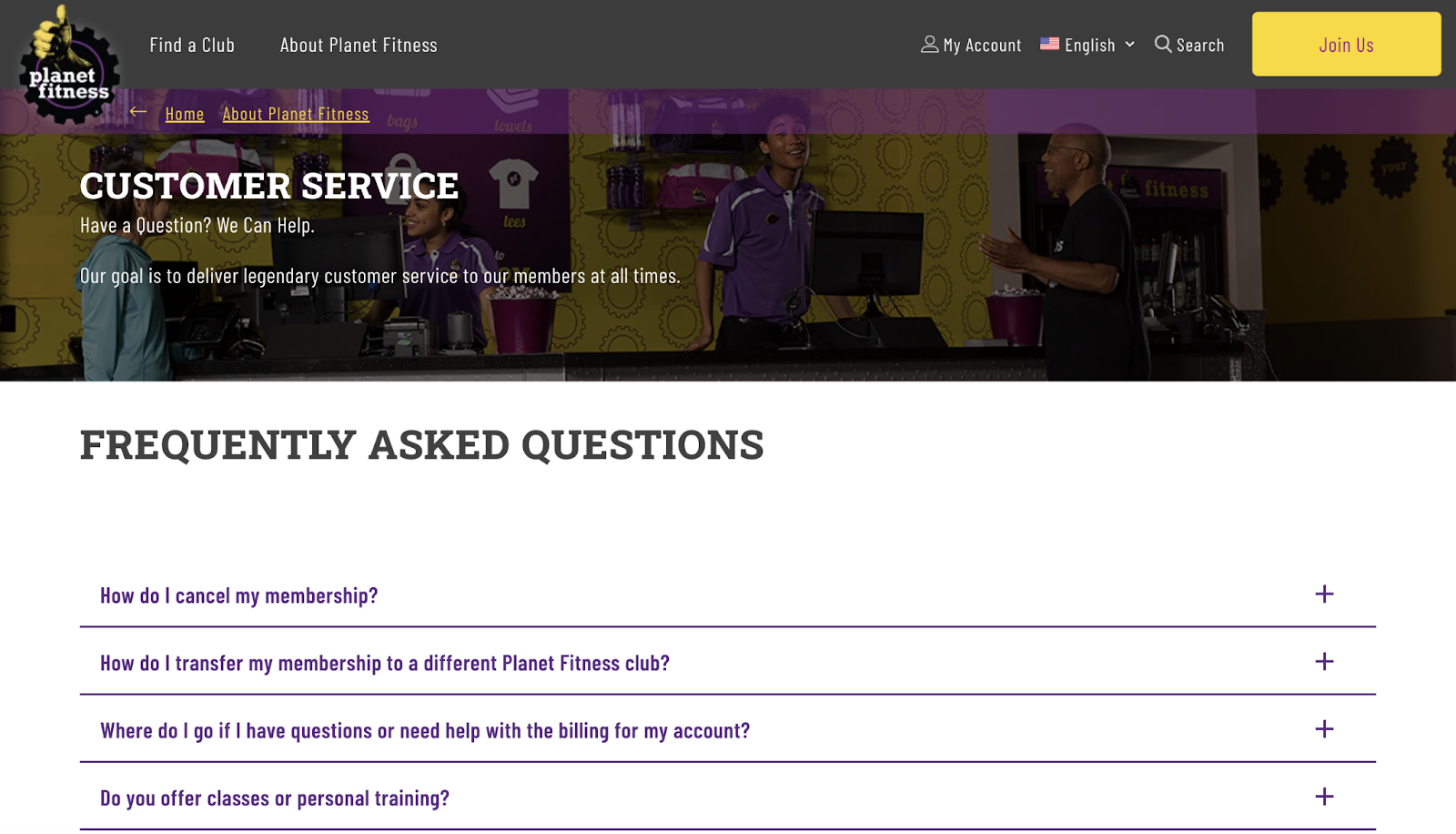 Planet Fitness FAQ leafage   example