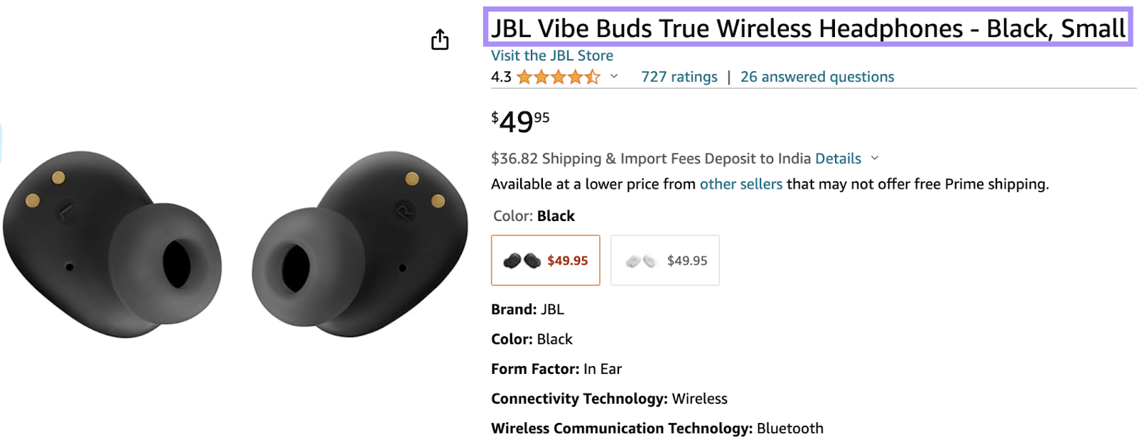 An example of a product title for wireless headphones on Amazon