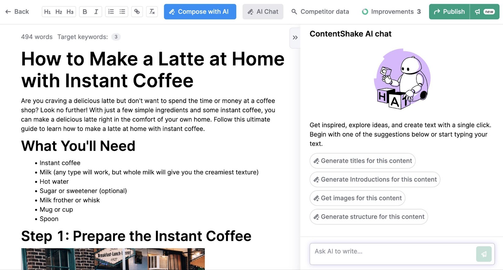 contentshake AI chat options for a blog about how to make a latte at home