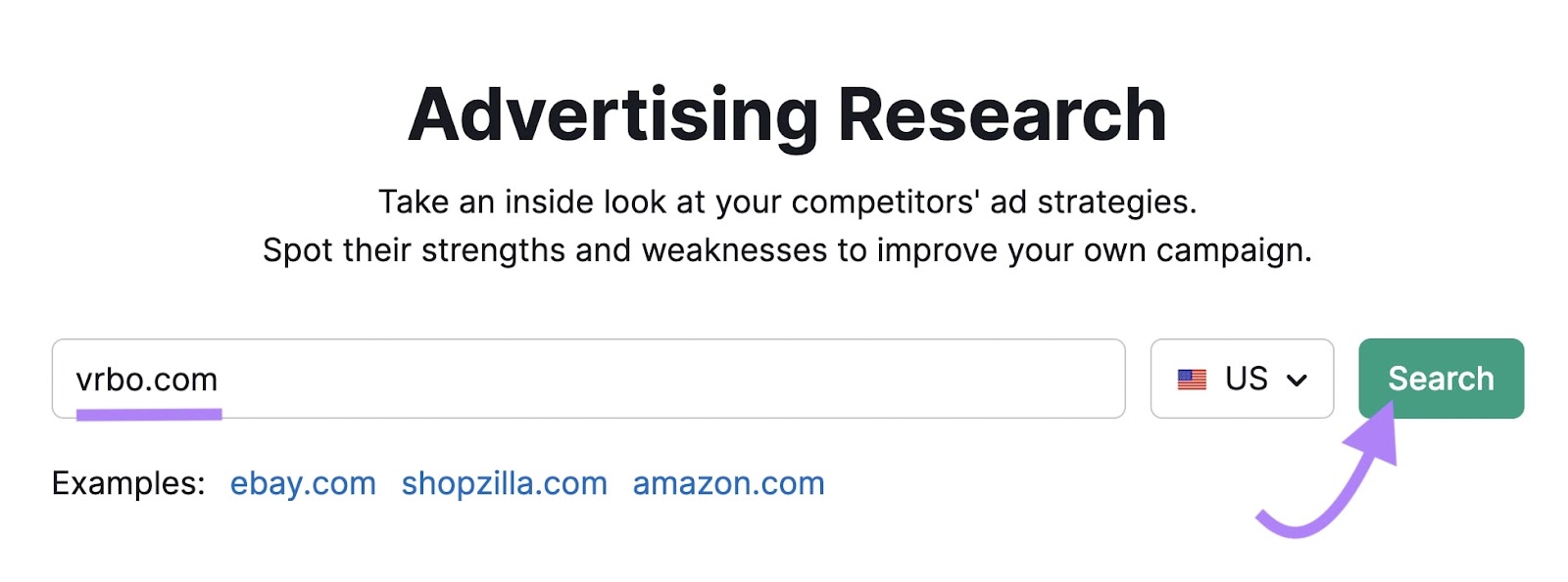 Semrush Advertising Research search bar with vrbo.com entered as domain and search button highlighted