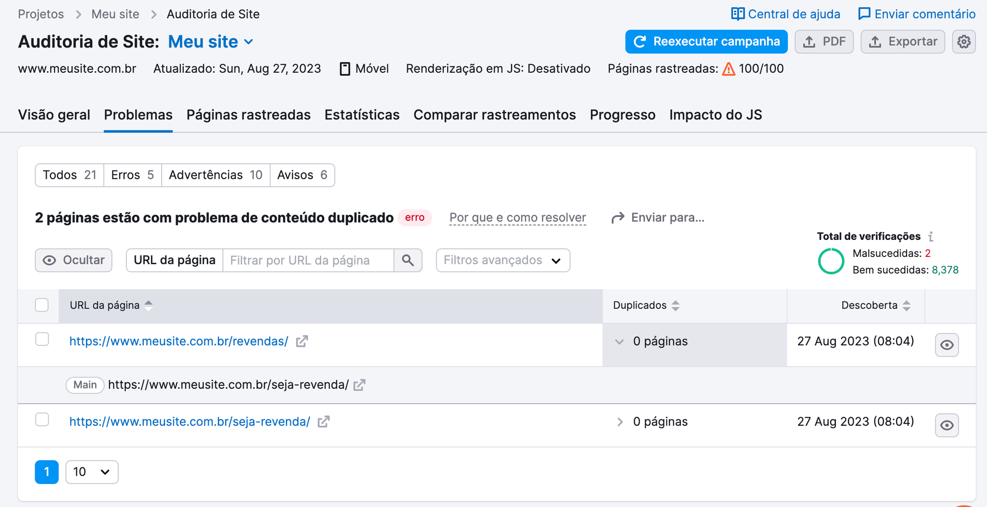 2 páginas estão com problema de conteúdo duplicado