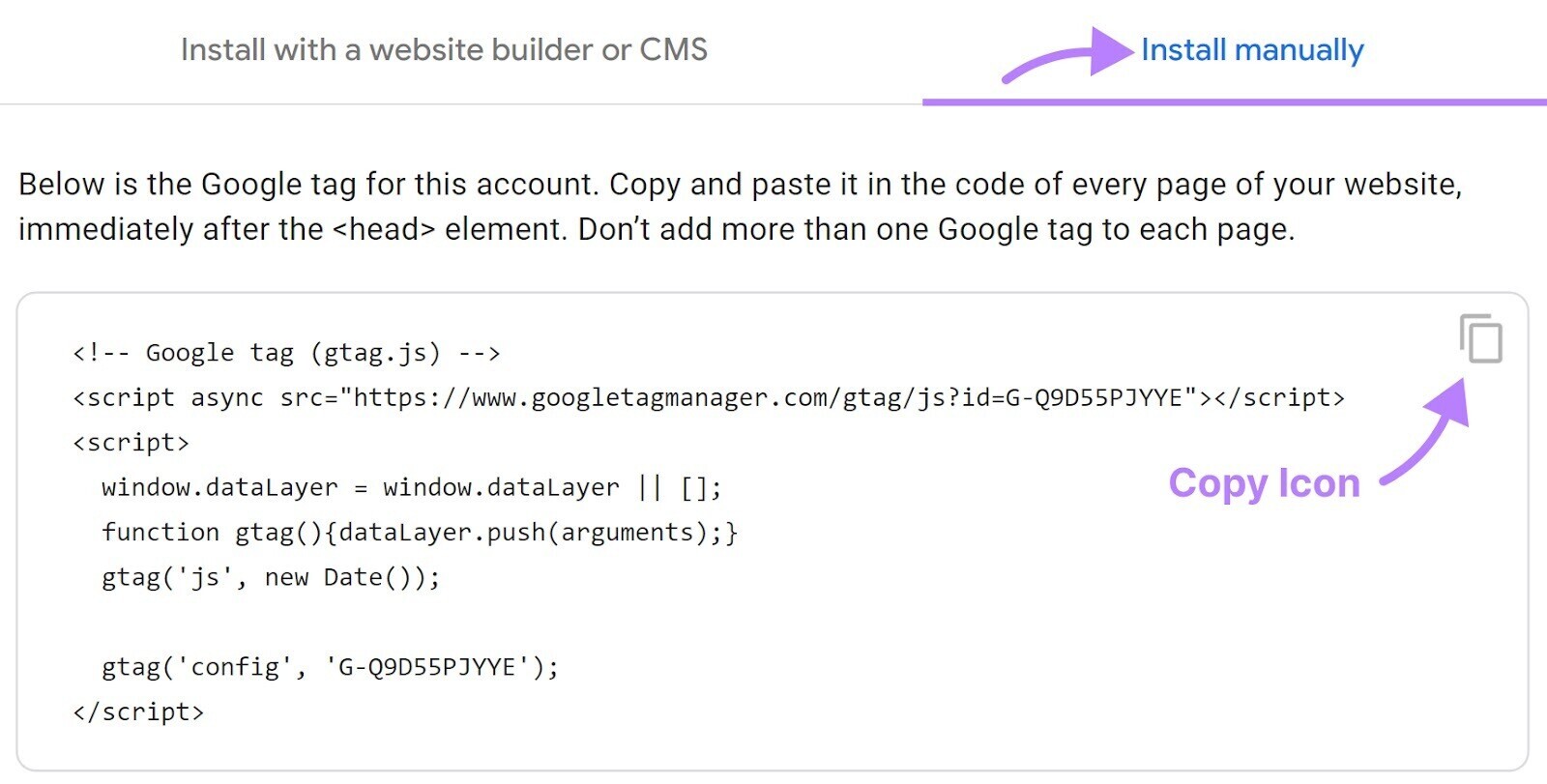 where to copy tracking code in the “Install manually” section