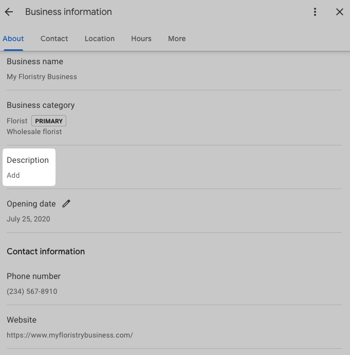 Description field highlighted on "Business information" window