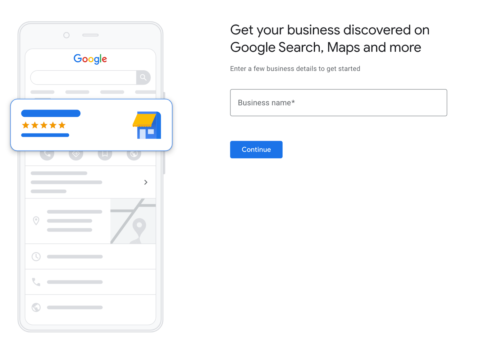 "enter your business name" page in Google Business Profile