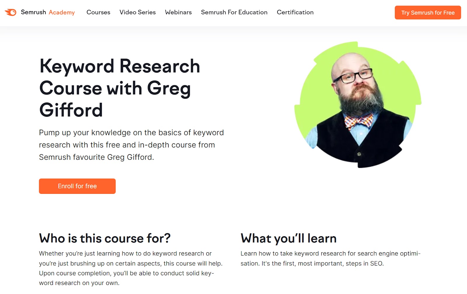 Keyword Research Course with Greg Gifford landing page