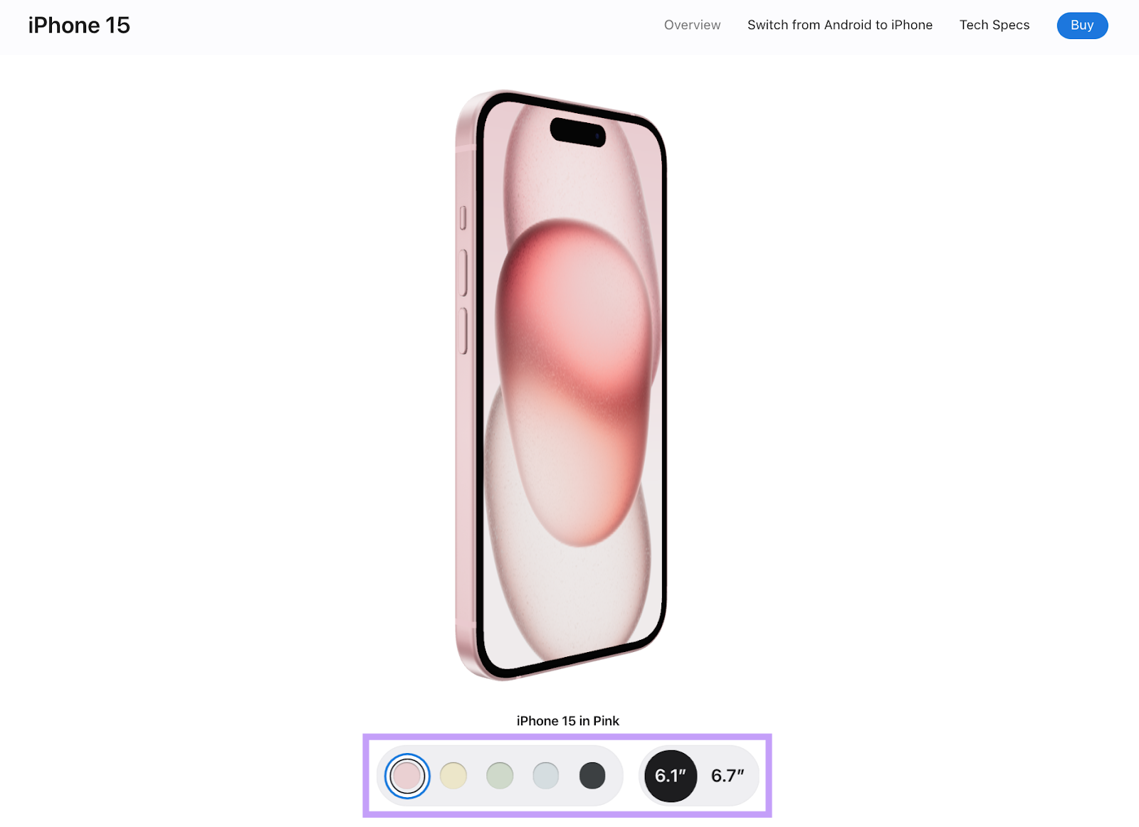 Apple website showing the pinkish  Iphone 15 merchandise  leafage   with a slider to alteration  the colour  and size of the phone.