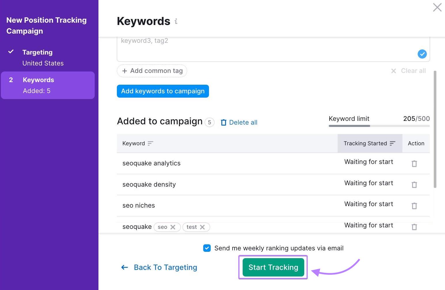 "Keywords" window in Position Tracking settings