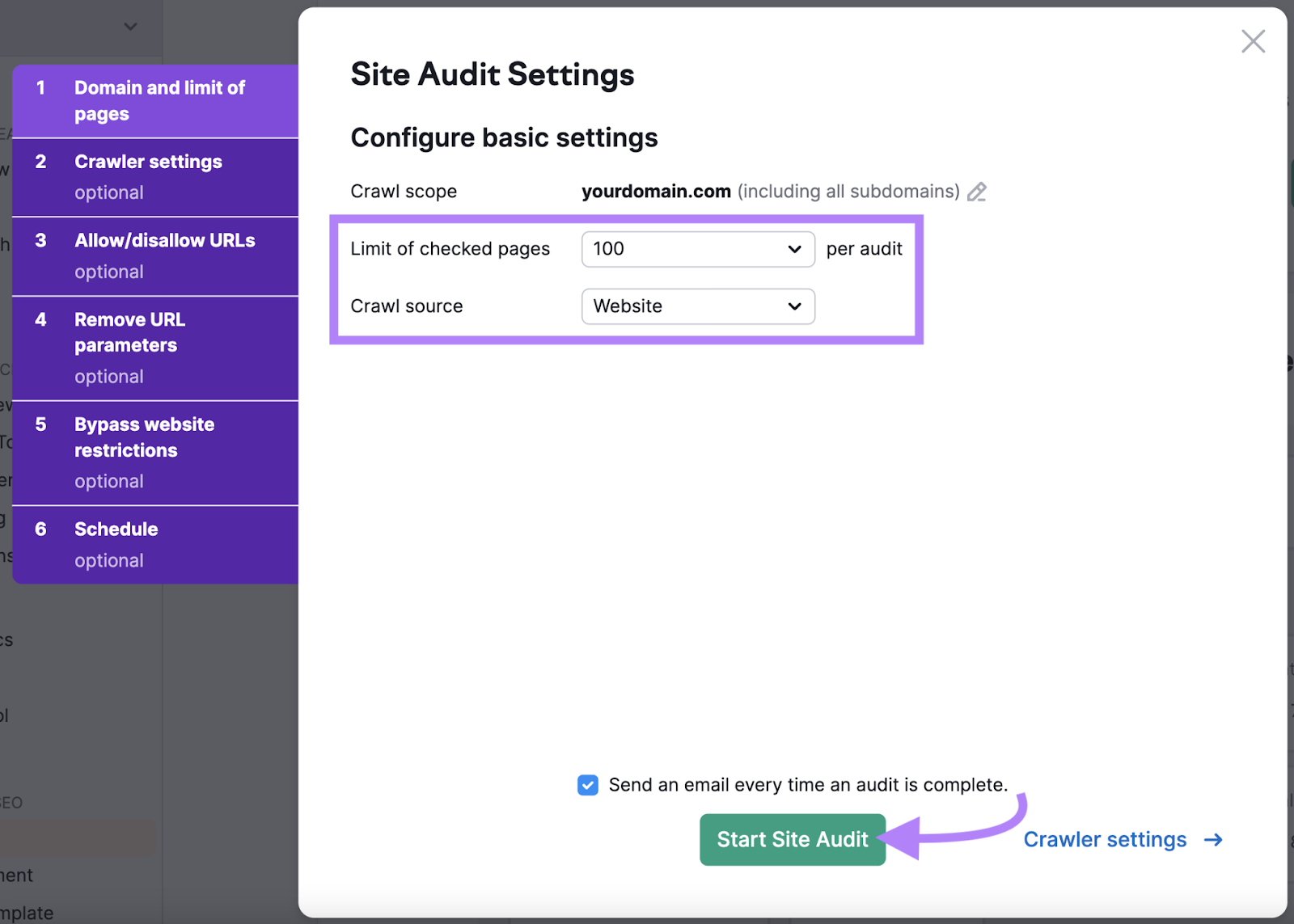 Site Audit Settings page