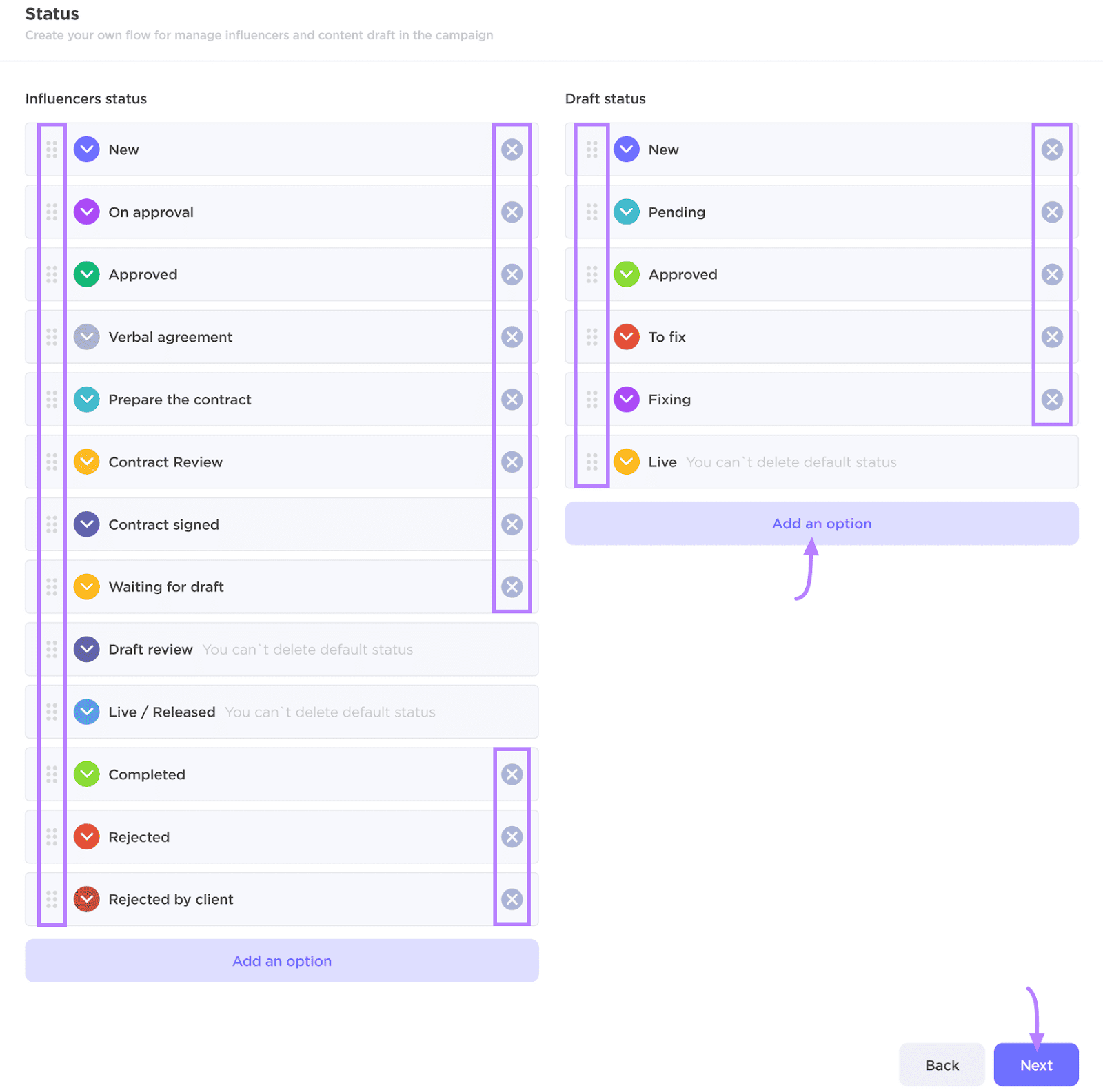 Influencer Analytics UI for managing influencer and draft statuses within a campaign, with "Next" button also visible.